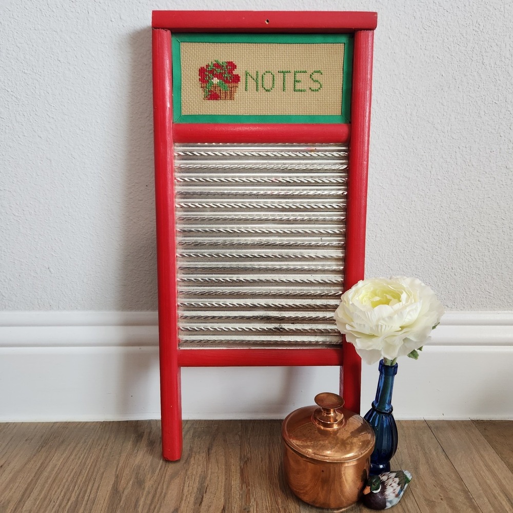 VTG Cottagecore Needlepoint Strawberry Apples Red Wood Metal Washboard Note Sign